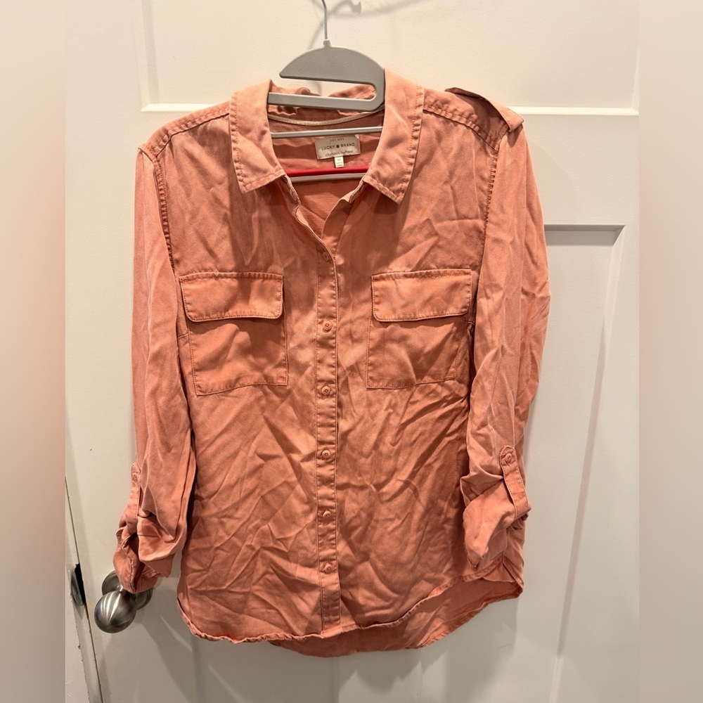 Lucky Brand Utility Button Front Shirt Blouse Medium Pink Long Sleeve